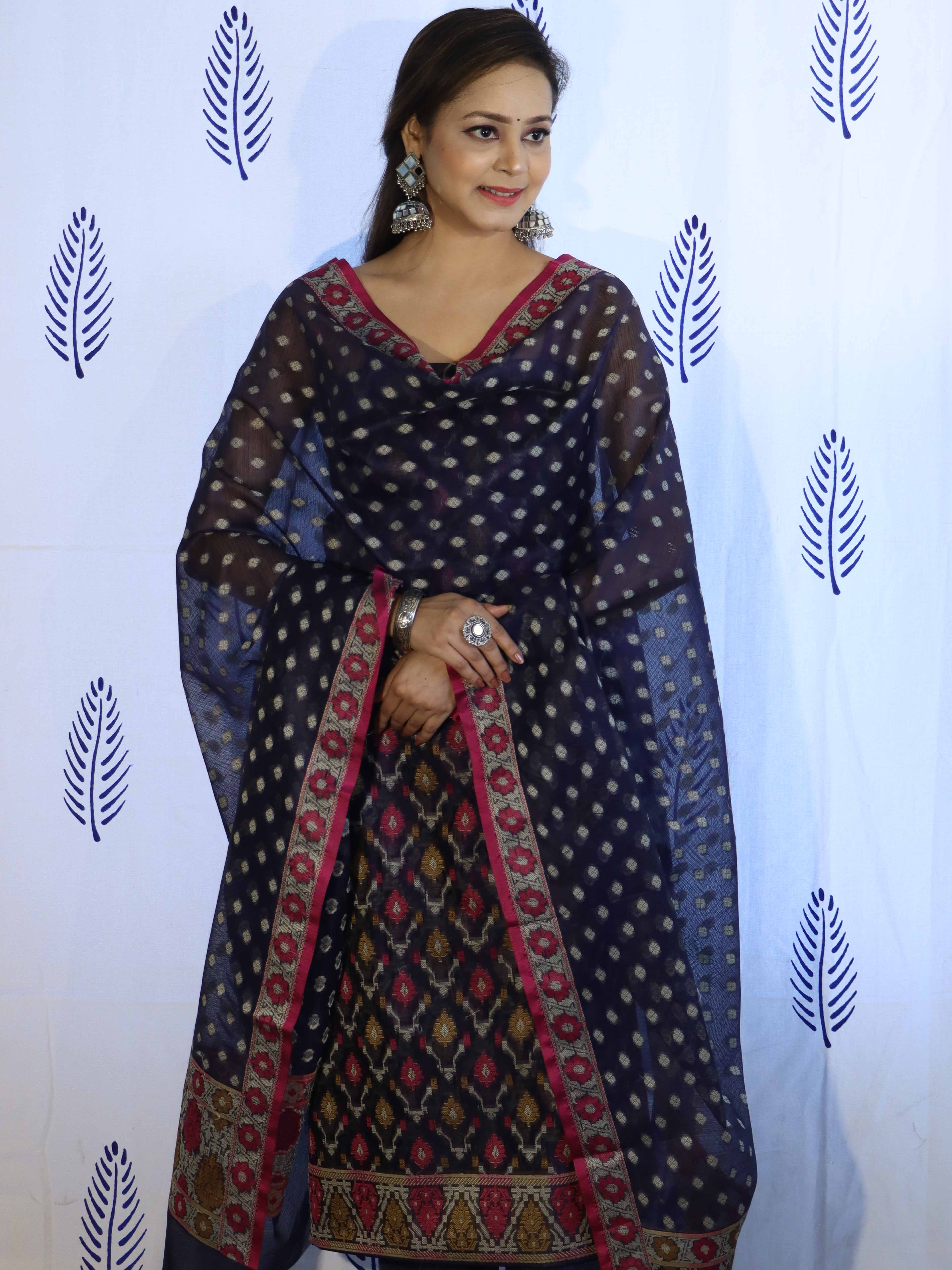 Banarasee Cotton Silk Salwar Kameez Fabric With Dupatta Set & Resham Work-Blue