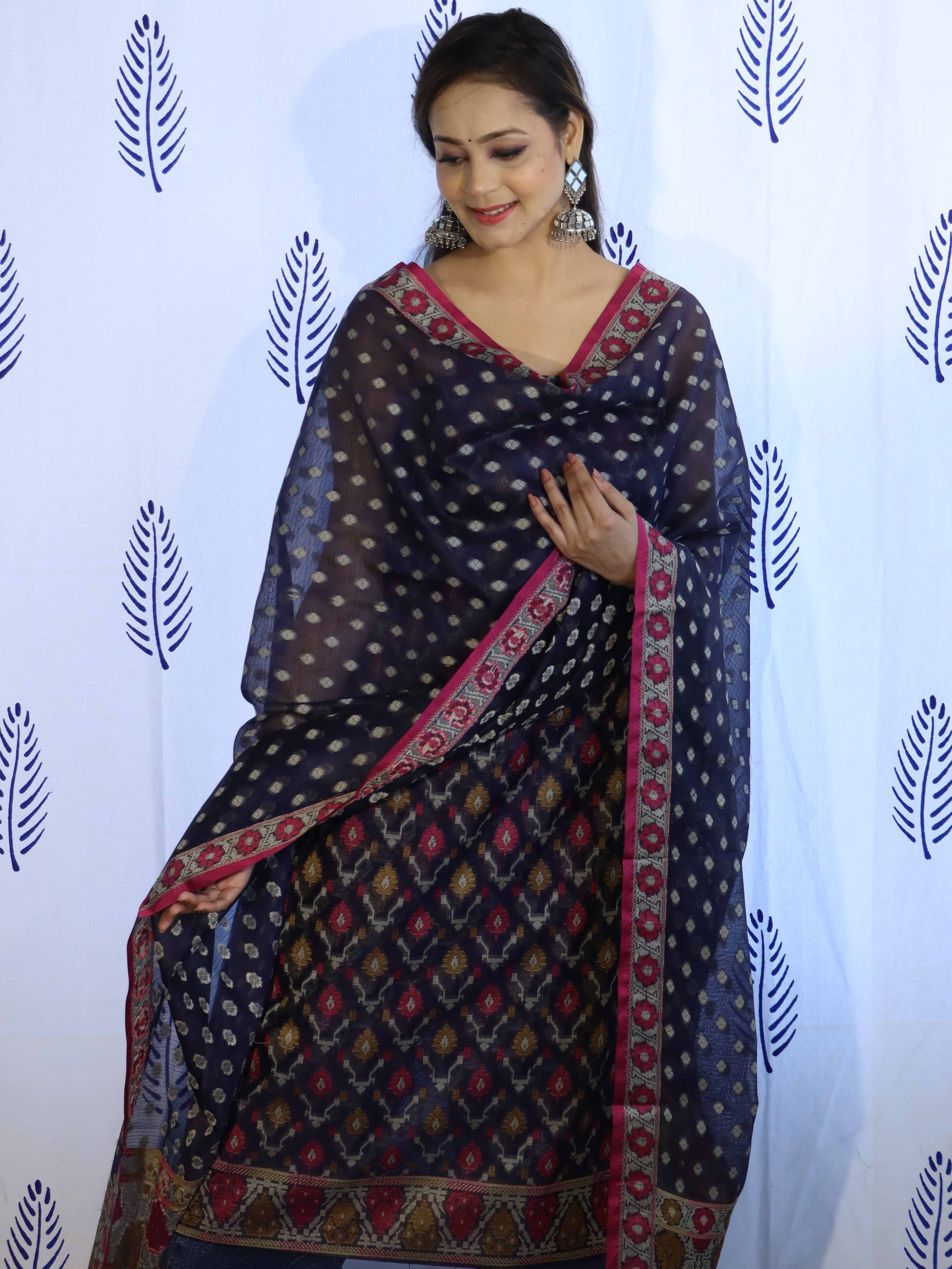 Banarasee Cotton Silk Salwar Kameez Fabric With Dupatta Set & Resham Work-Blue