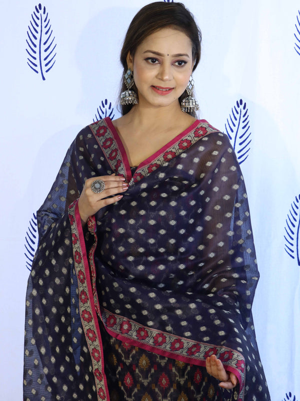 Banarasee Cotton Silk Salwar Kameez Fabric With Dupatta Set & Resham Work-Blue