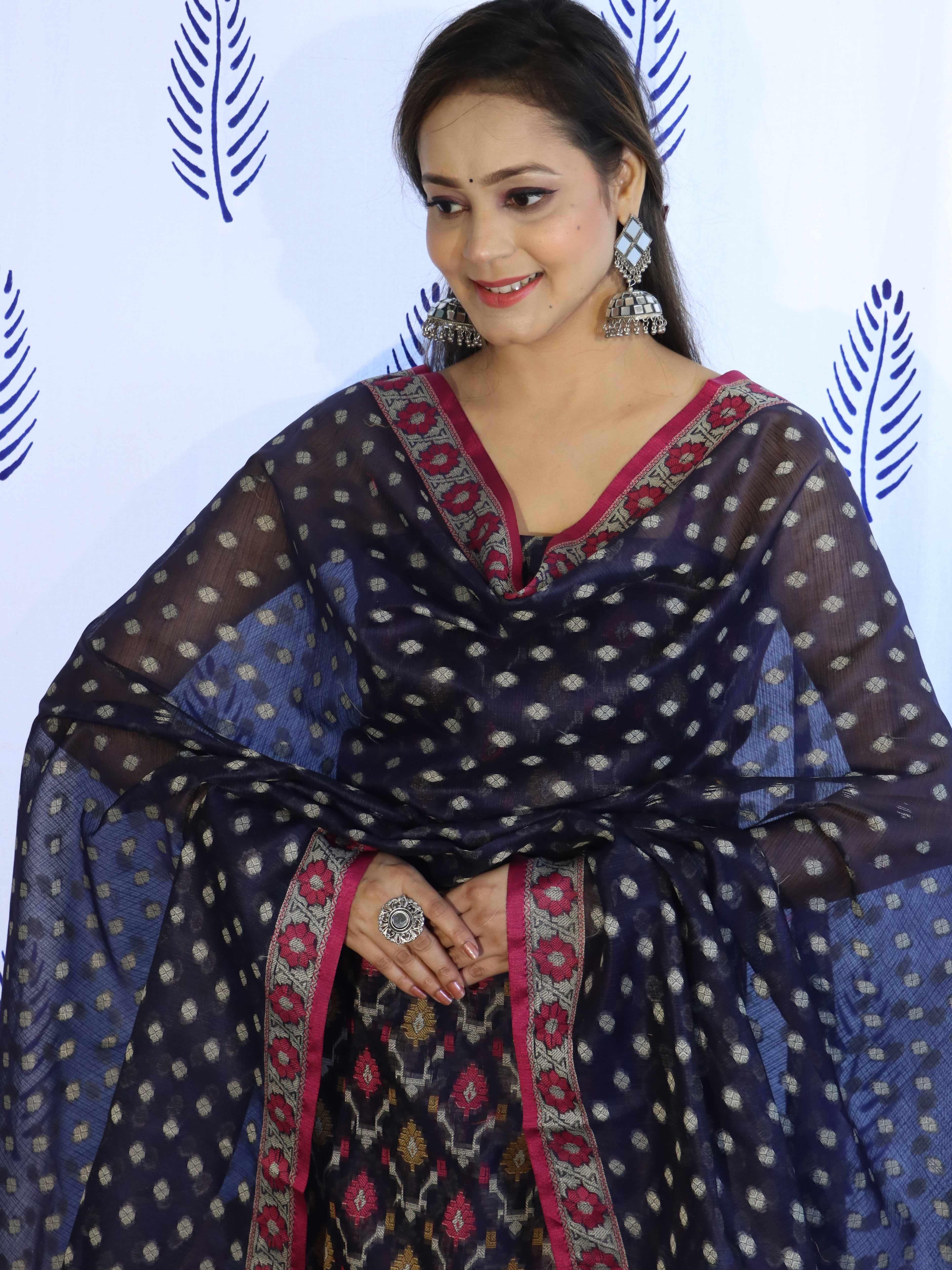 Banarasee Cotton Silk Salwar Kameez Fabric With Dupatta Set & Resham Work-Blue