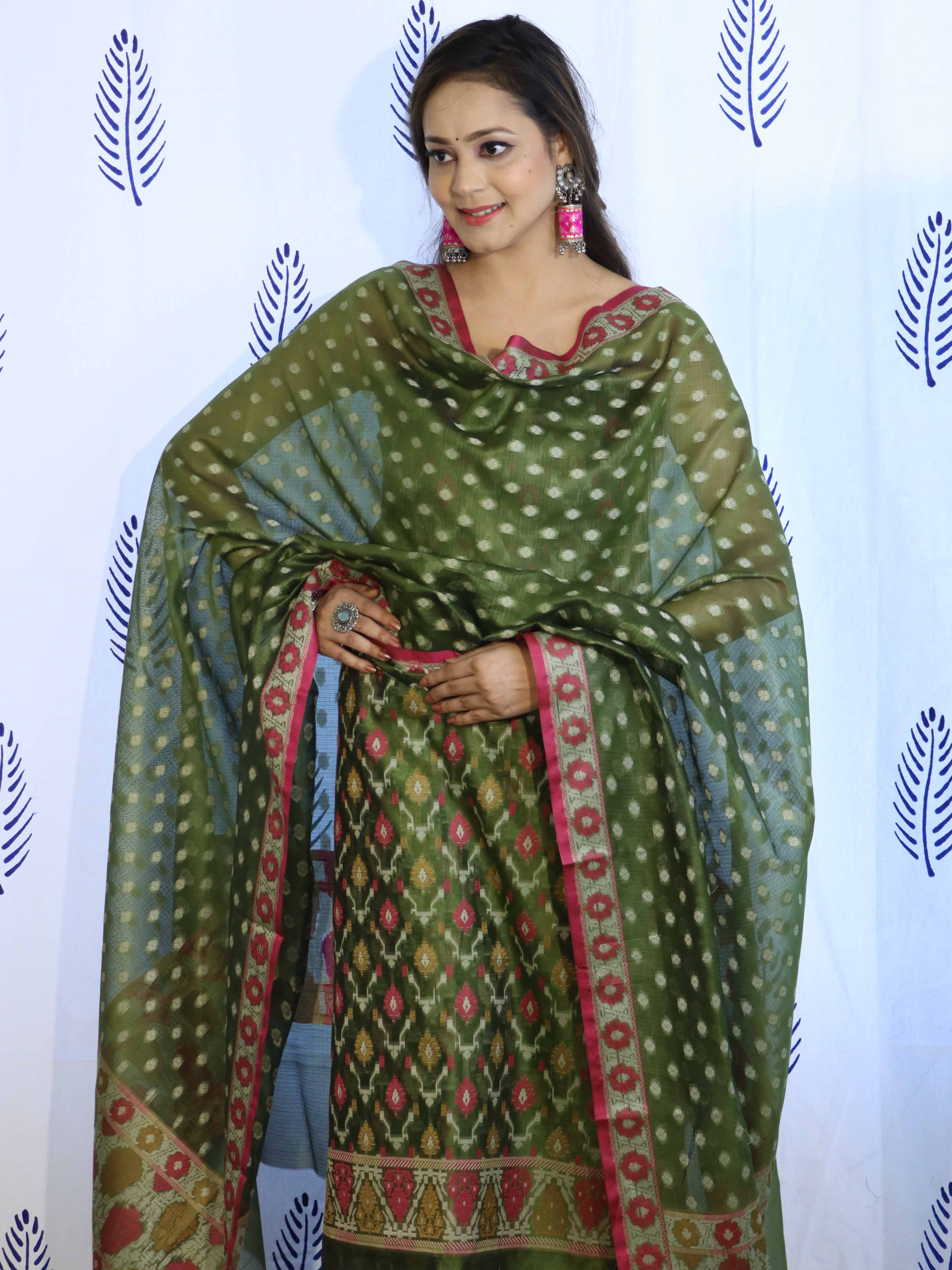 Banarasee Cotton Silk Salwar Kameez Fabric With Dupatta Set & Resham Work-Green