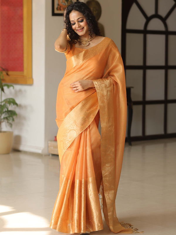 Banarasee Handwoven Plain Tissue Skirt Border Saree-Orange