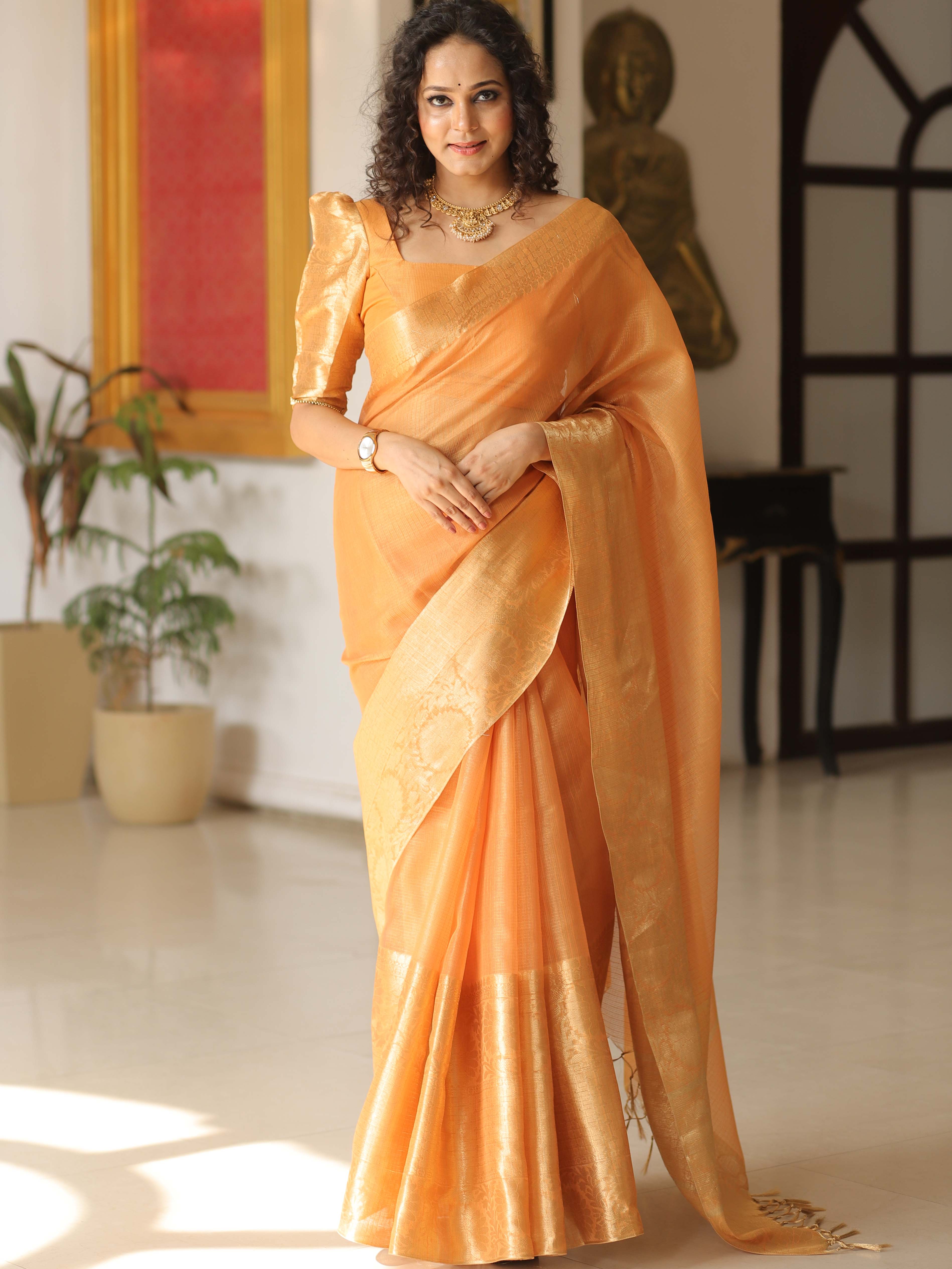 Banarasee Handwoven Plain Tissue Skirt Border Saree-Orange