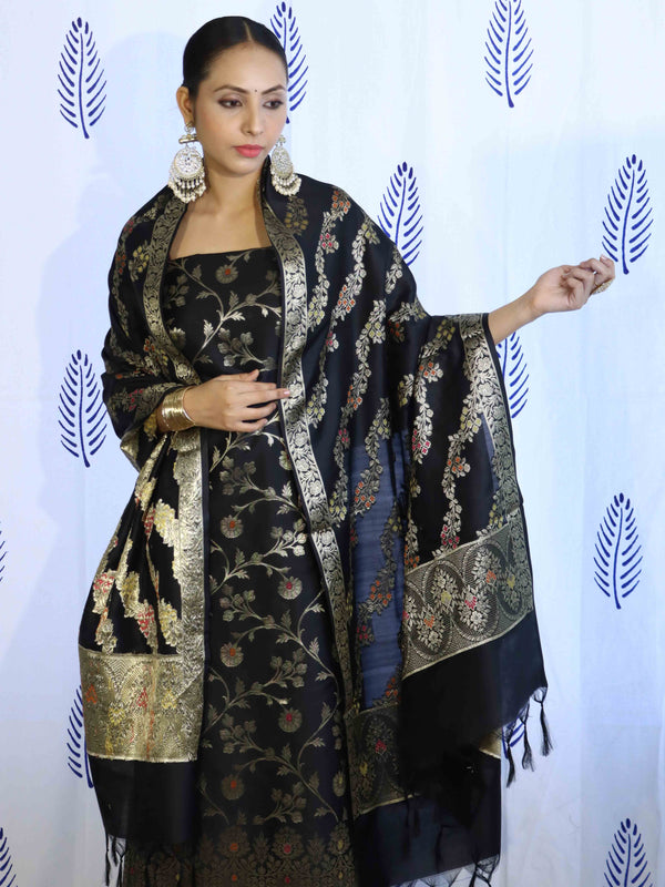 Banarasee Salwar Kameez Semi Katan Silk Fabric With Dupatta-Black