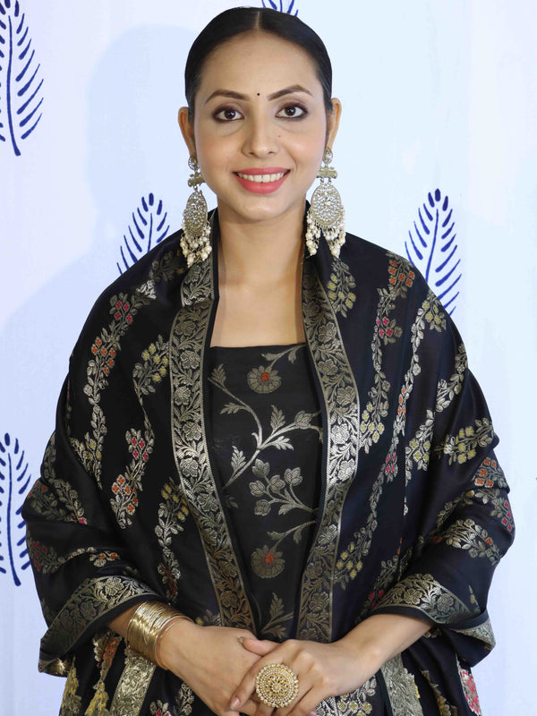 Banarasee Salwar Kameez Semi Katan Silk Fabric With Dupatta-Black