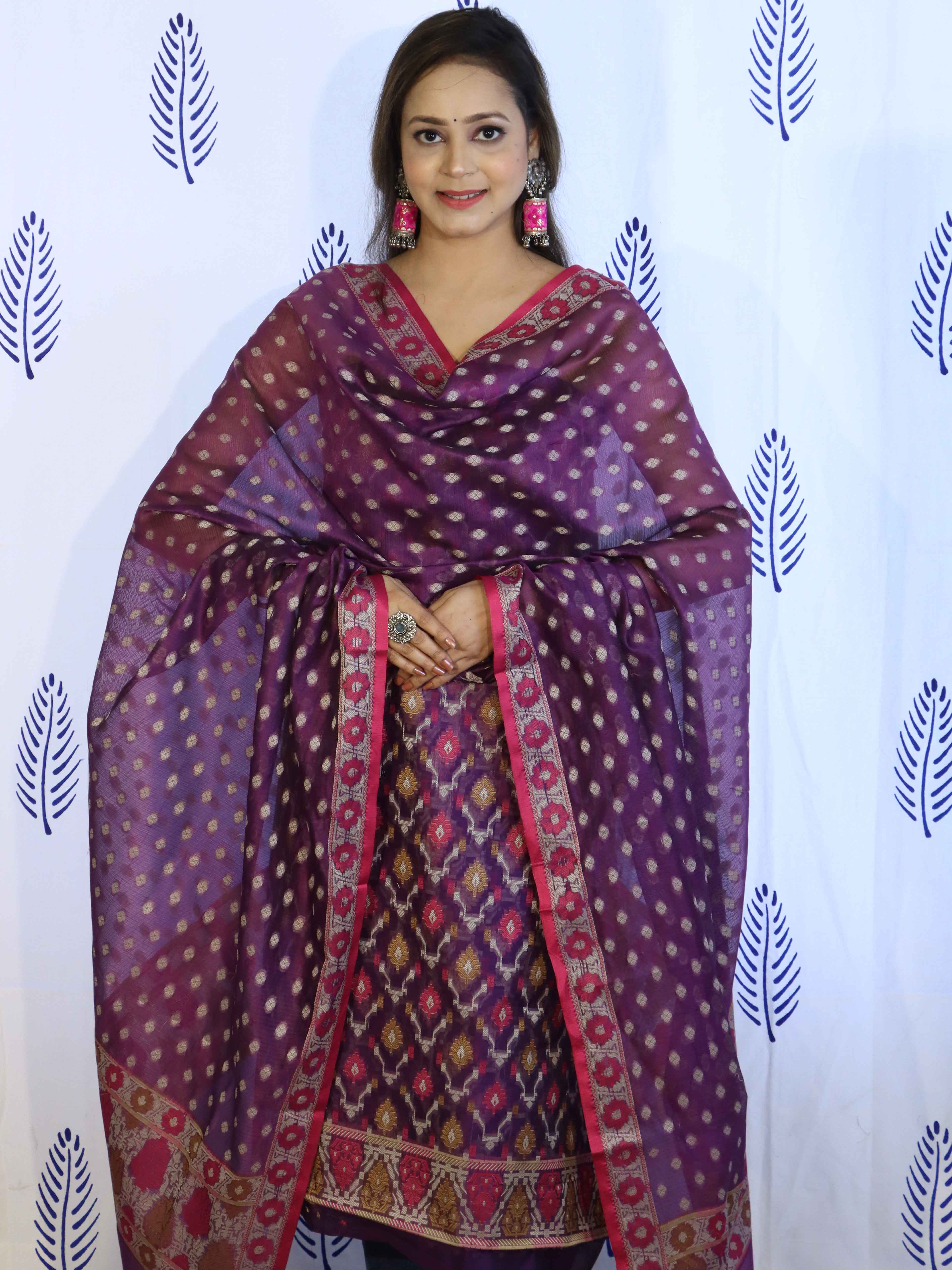 Banarasee Cotton Silk Salwar Kameez Fabric With Dupatta Set & Resham Work-Violet