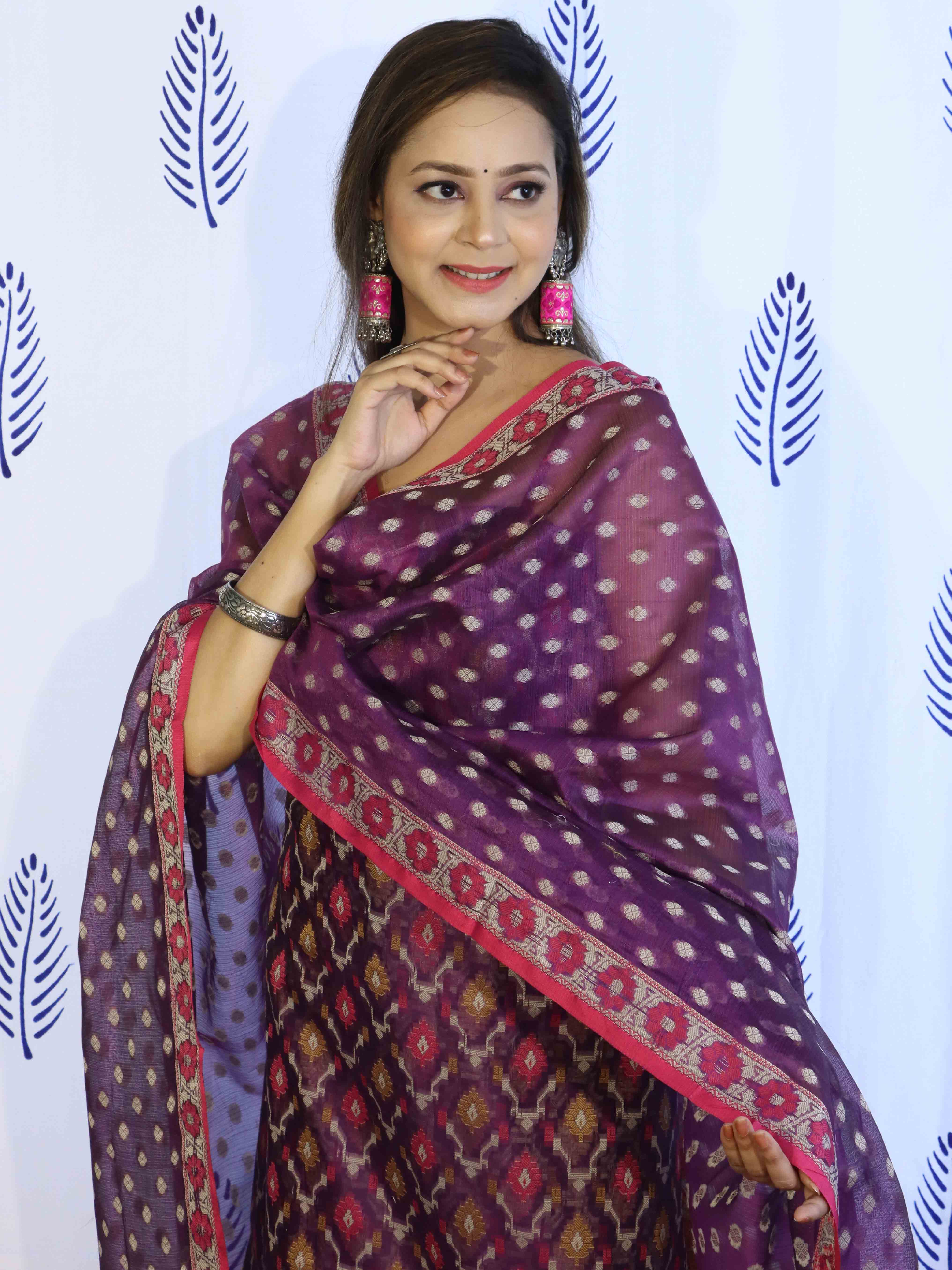 Banarasee Cotton Silk Salwar Kameez Fabric With Dupatta Set & Resham Work-Violet