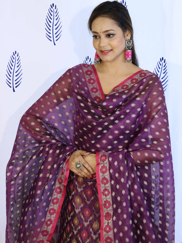 Banarasee Cotton Silk Salwar Kameez Fabric With Dupatta Set & Resham Work-Violet