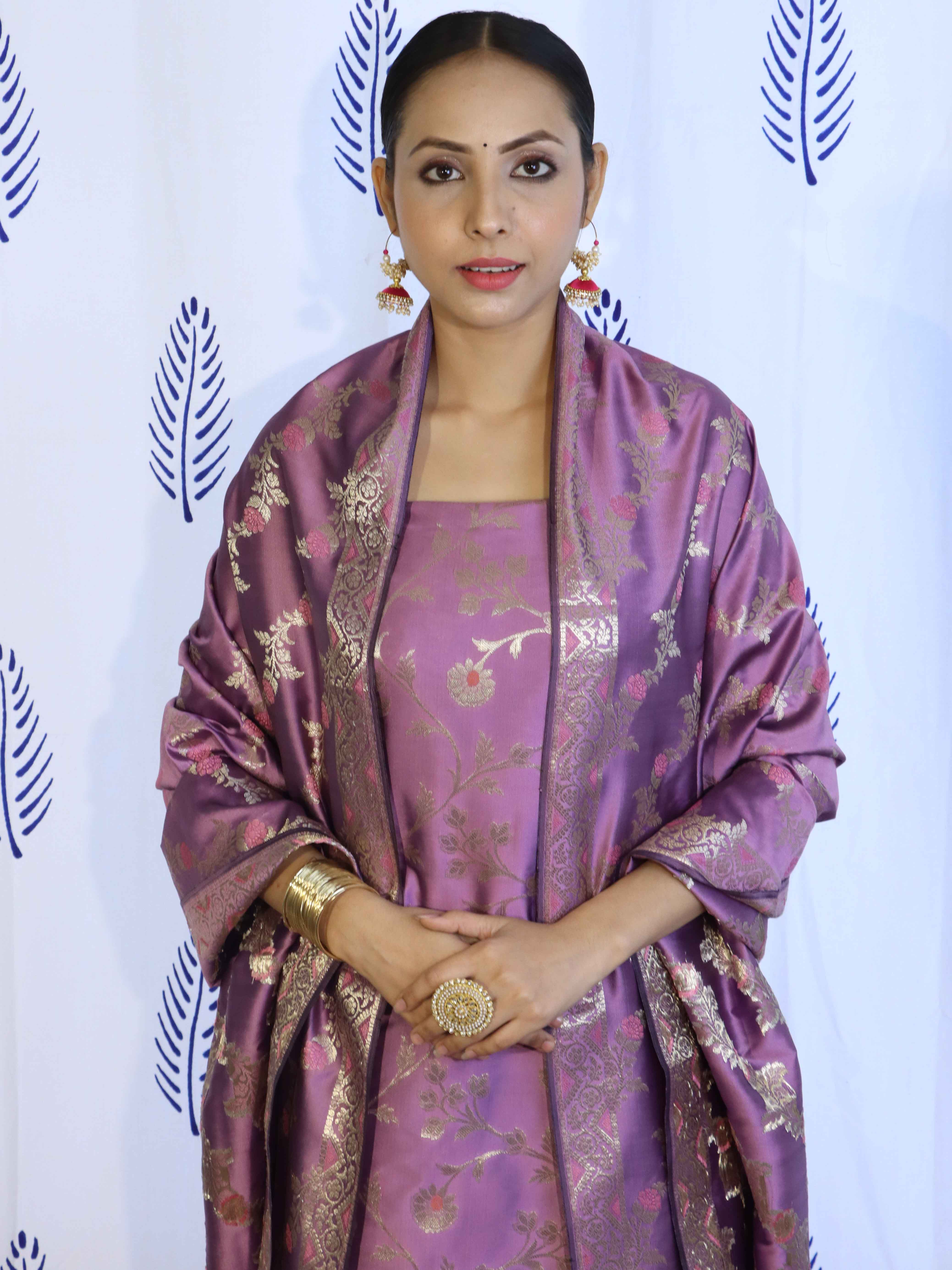 Banarasee Salwar Kameez Semi Katan Silk Fabric With Dupatta-Purple