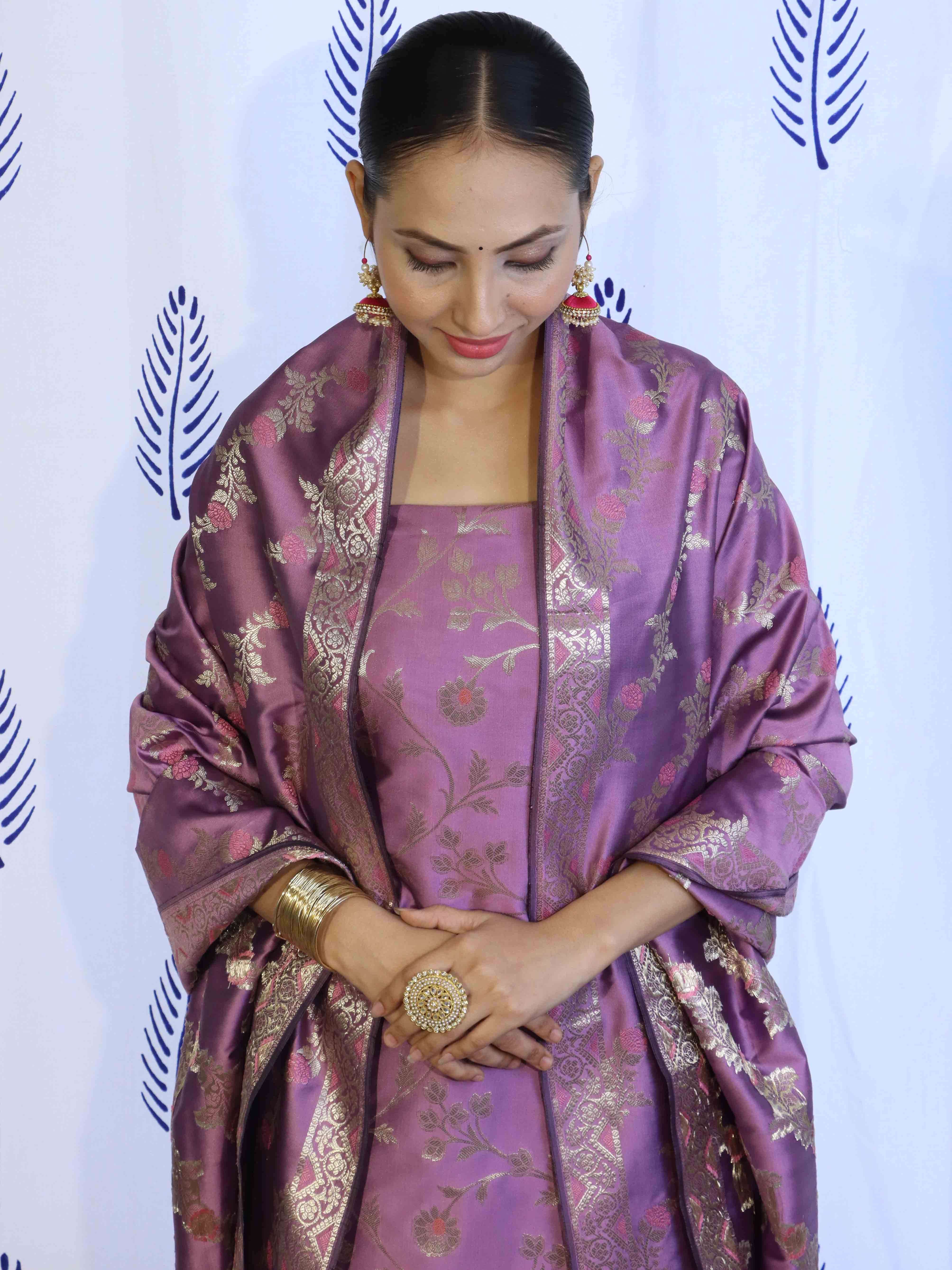 Banarasee Salwar Kameez Semi Katan Silk Fabric With Dupatta-Purple