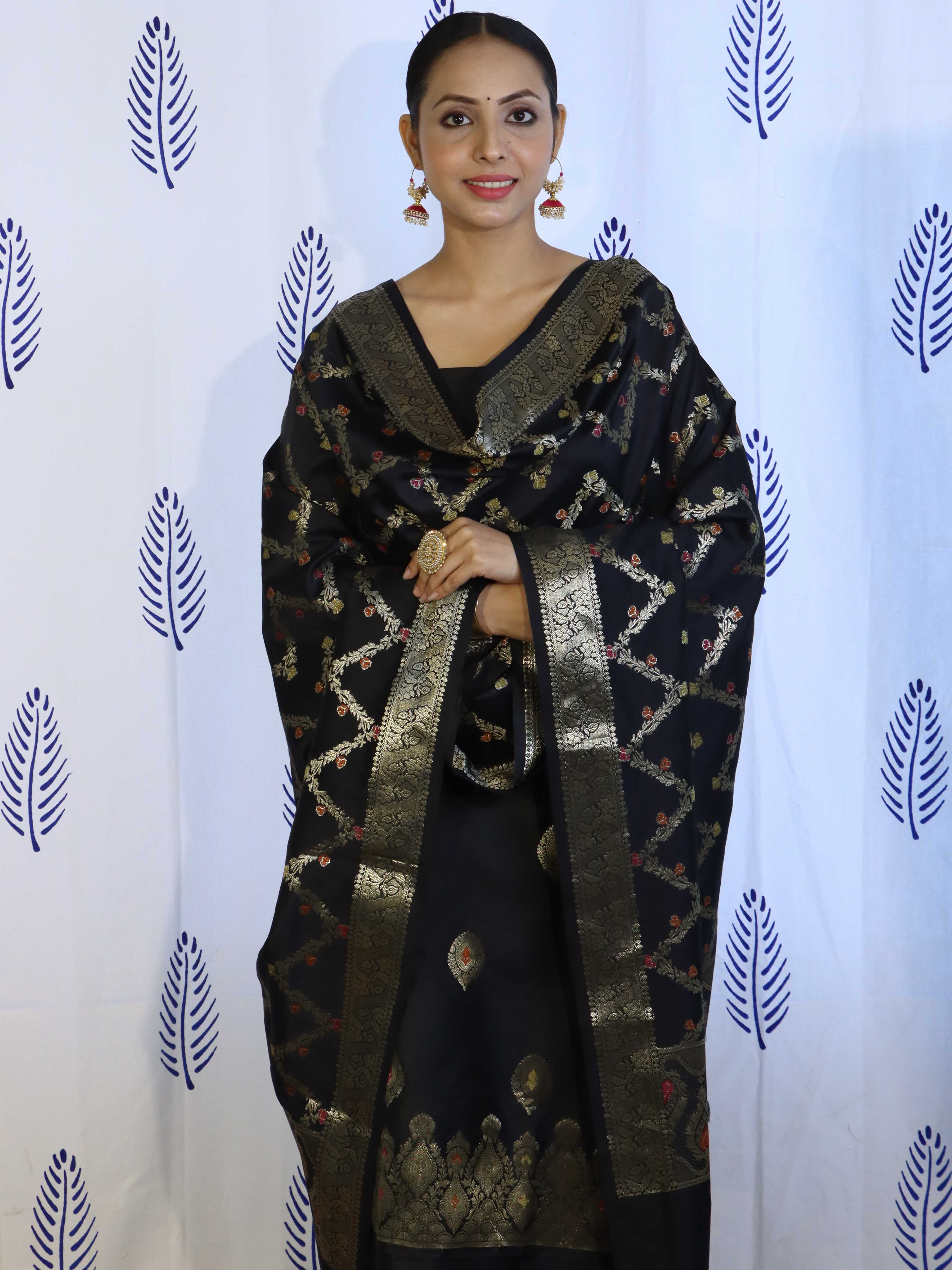 Banarasee Salwar Kameez Semi Katan Silk Fabric With Dupatta-Black