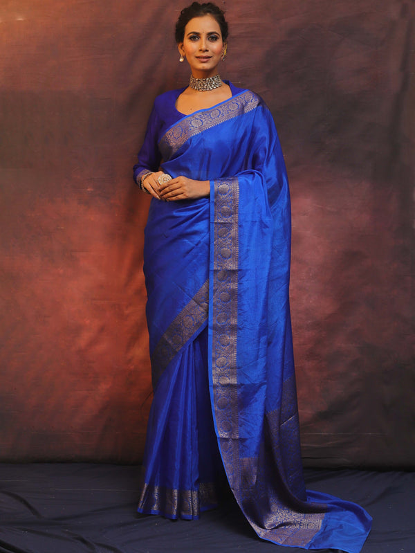 Banarasee Handwoven Semi Silk Plain Saree With Zari Border-Royal Blue