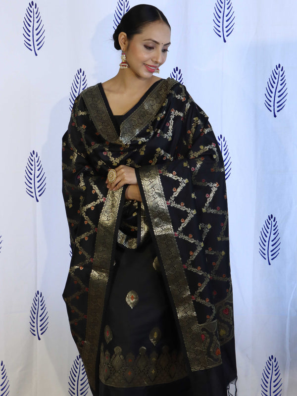 Banarasee Salwar Kameez Semi Katan Silk Fabric With Dupatta-Black