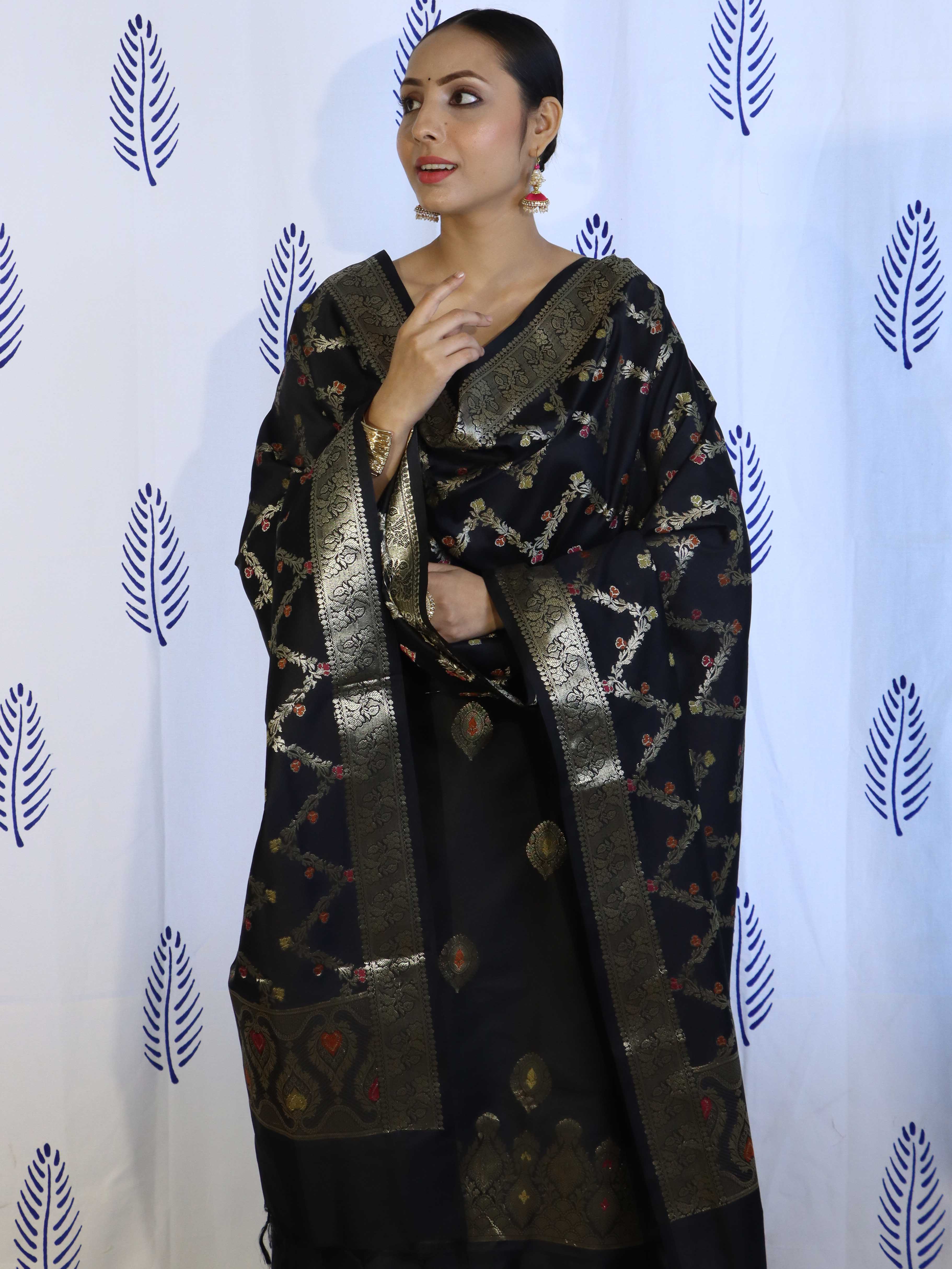 Banarasee Salwar Kameez Semi Katan Silk Fabric With Dupatta-Black