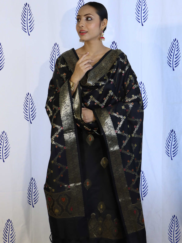 Banarasee Salwar Kameez Semi Katan Silk Fabric With Dupatta-Black