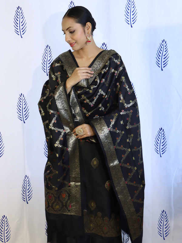 Banarasee Salwar Kameez Semi Katan Silk Fabric With Dupatta-Black