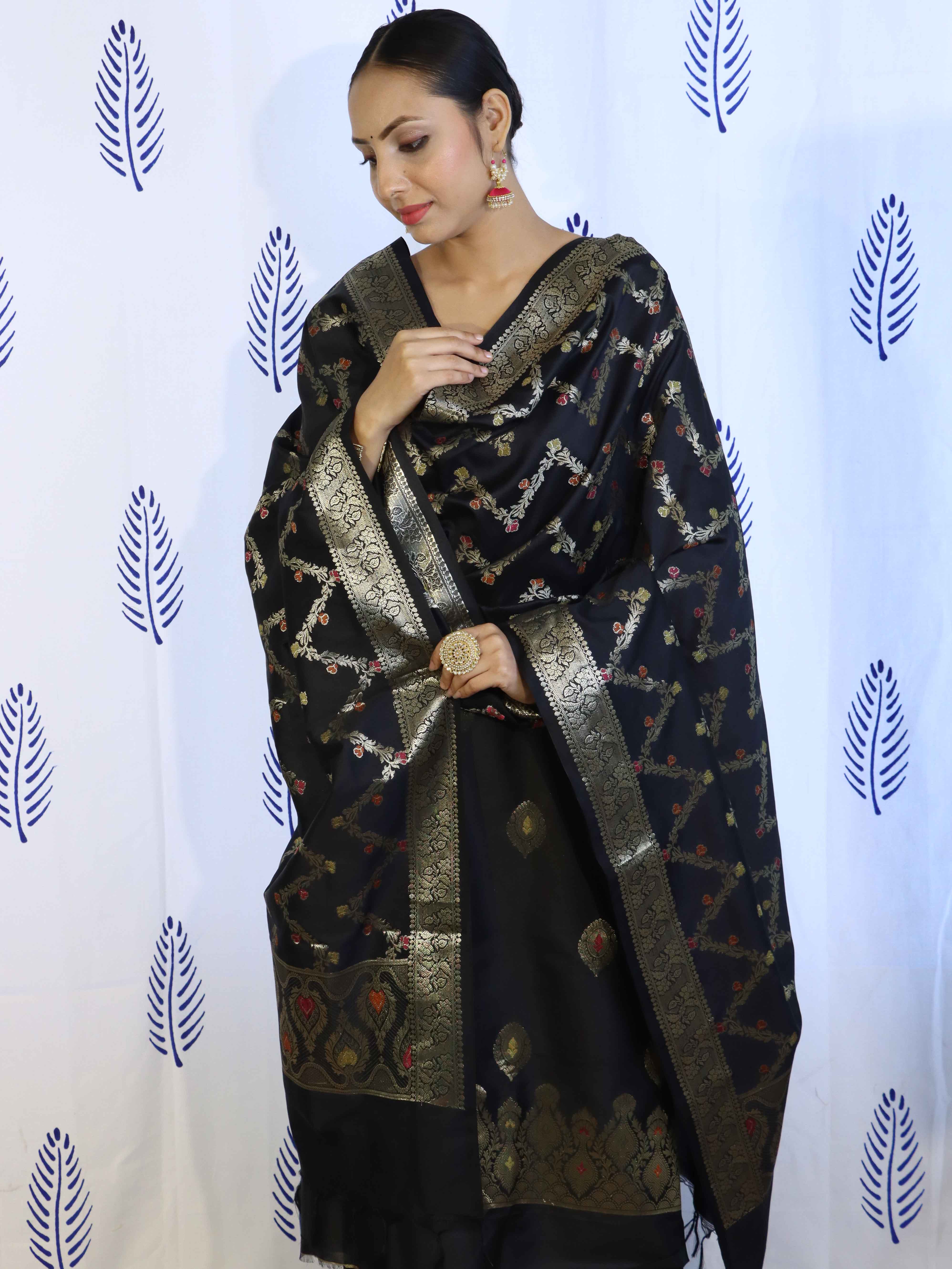 Banarasee Salwar Kameez Semi Katan Silk Fabric With Dupatta-Black