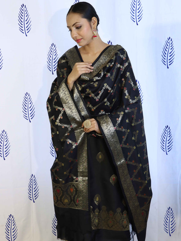 Banarasee Salwar Kameez Semi Katan Silk Fabric With Dupatta-Black