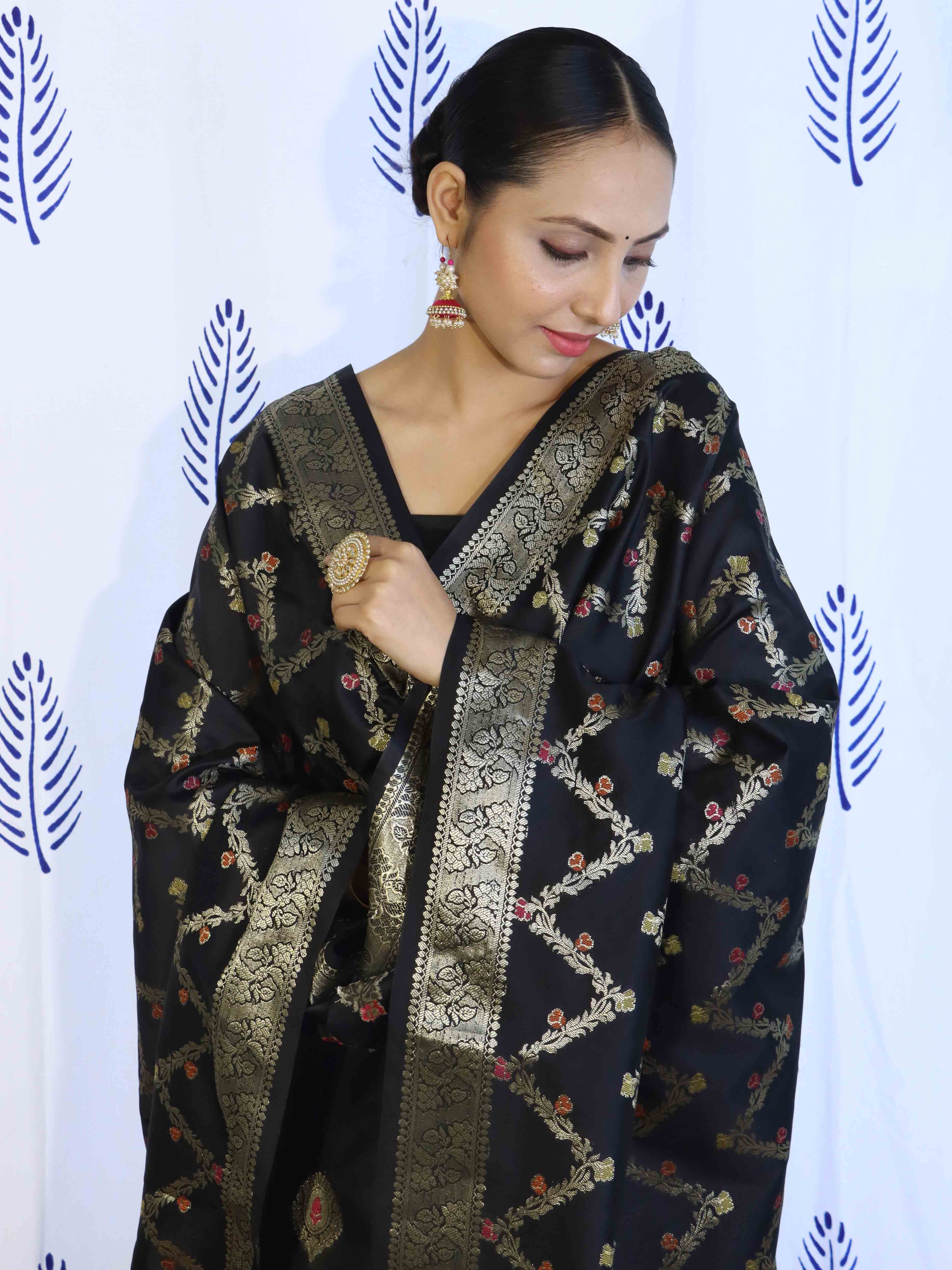 Banarasee Salwar Kameez Semi Katan Silk Fabric With Dupatta-Black