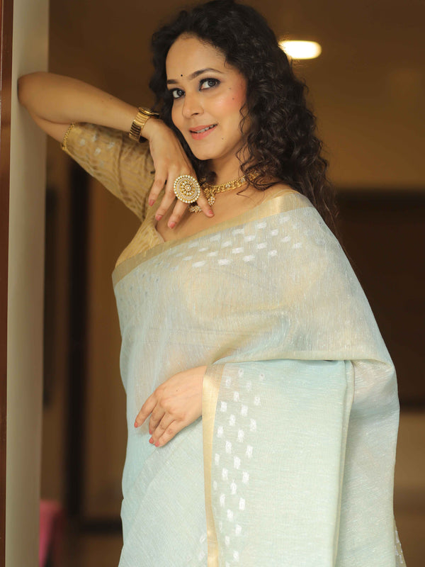 Banarasee Linen Tissue Sona Rupa Zari Work Saree-Light Blue