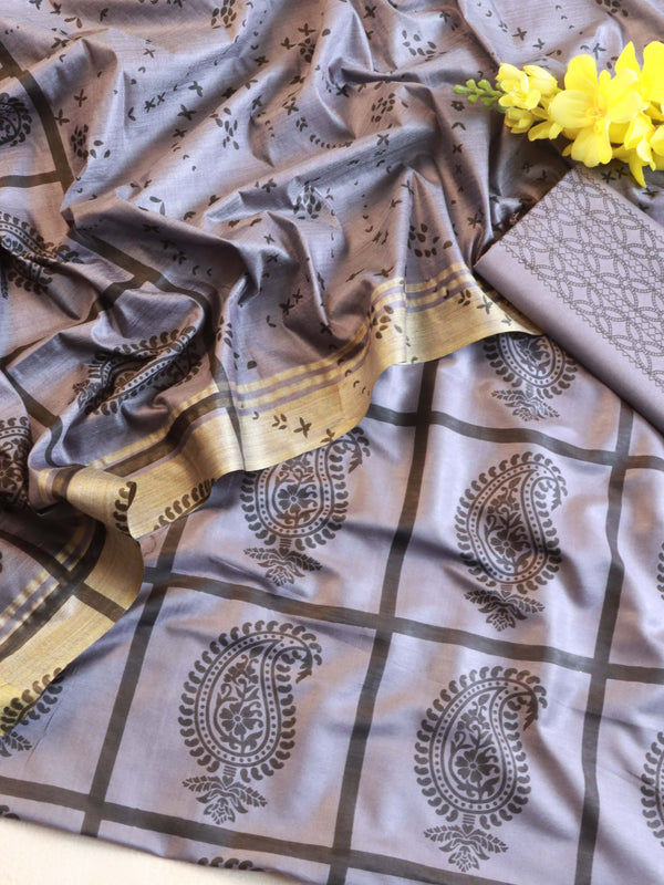 Handloom Block Printed Khadi Cotton Salwar Kameez With Dupatta Set-Grey
