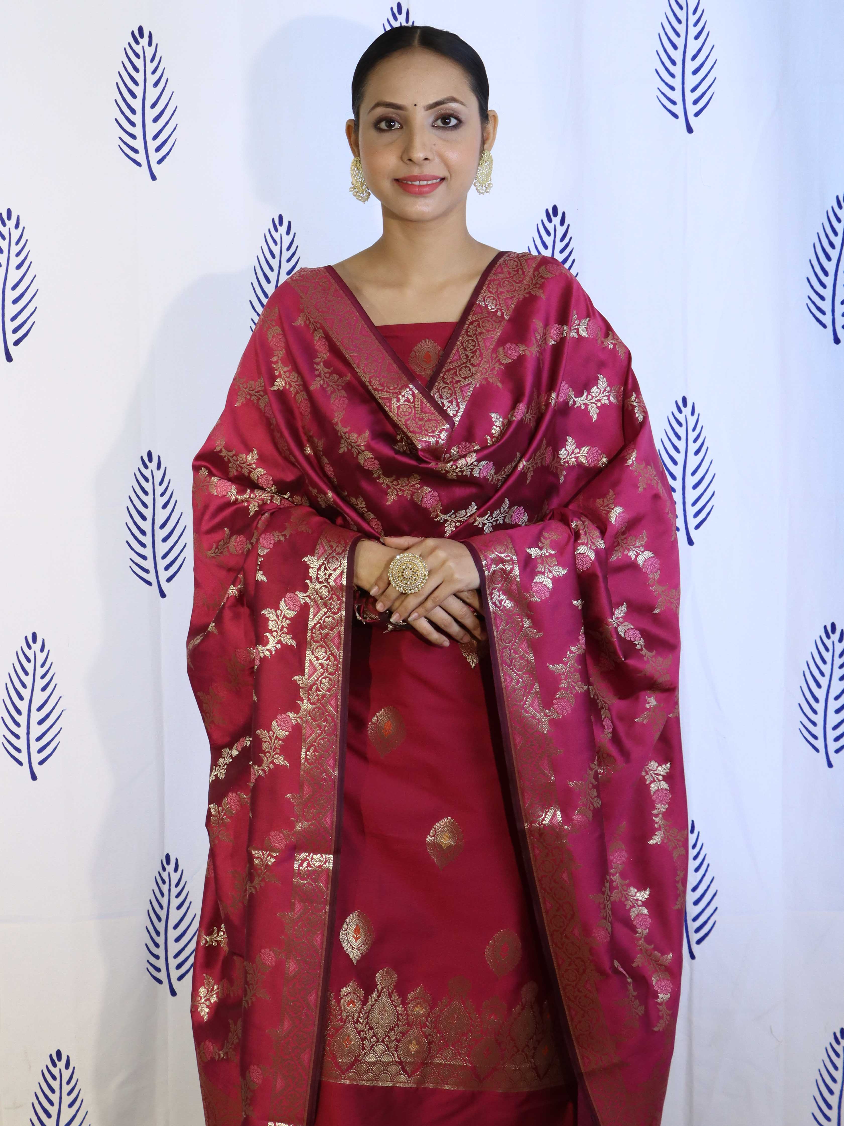 Banarasee Salwar Kameez Semi Katan Silk Fabric With Dupatta-Magenta