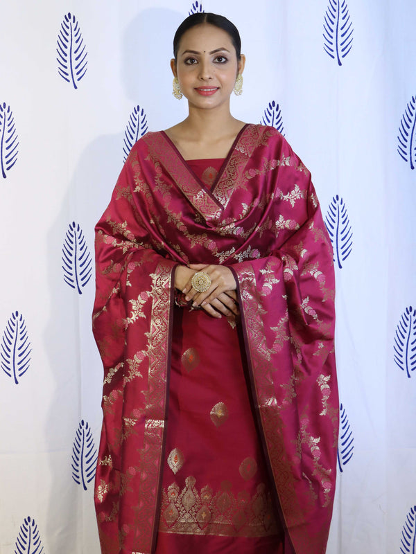 Banarasee Salwar Kameez Semi Katan Silk Fabric With Dupatta-Magenta