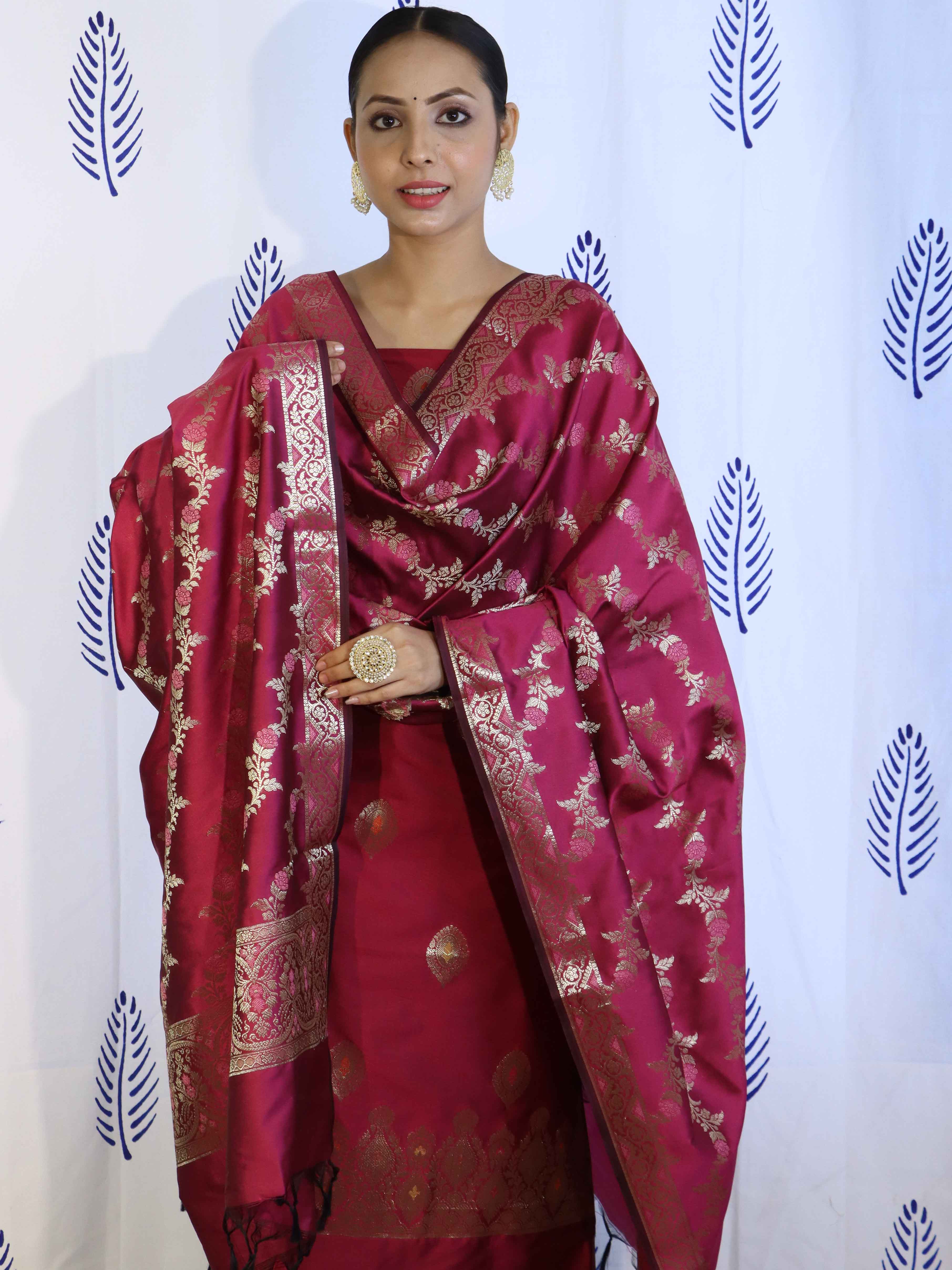 Banarasee Salwar Kameez Semi Katan Silk Fabric With Dupatta-Magenta