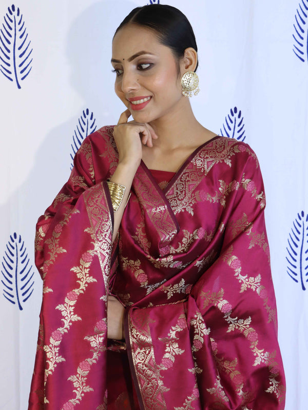 Banarasee Salwar Kameez Semi Katan Silk Fabric With Dupatta-Magenta