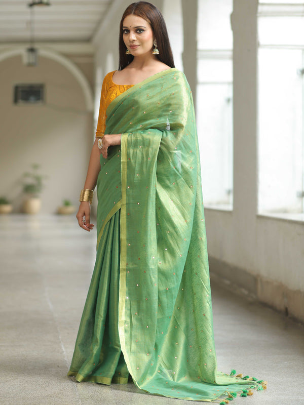 Banarasee Pure Linen By Tissue Metallic Shine Saree With Brocade Blouse-Green