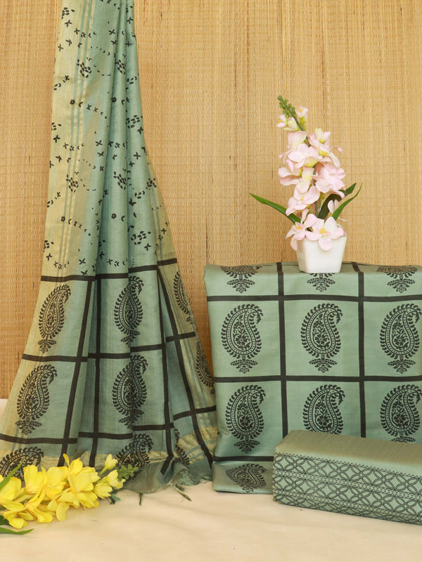 Handloom Block Printed Khadi Cotton Salwar Kameez With Dupatta Set-Mint Green