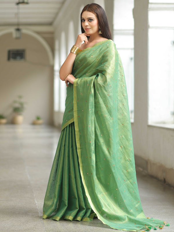 Banarasee Pure Linen By Tissue Metallic Shine Saree With Brocade Blouse-Green