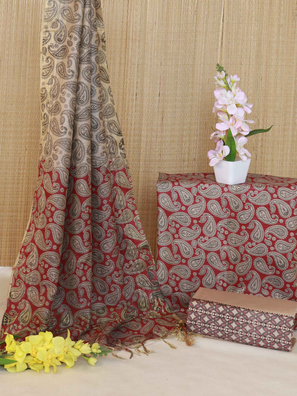 Handloom Block Printed Khadi Cotton Salwar Kameez With Dupatta Set-Beige & Red