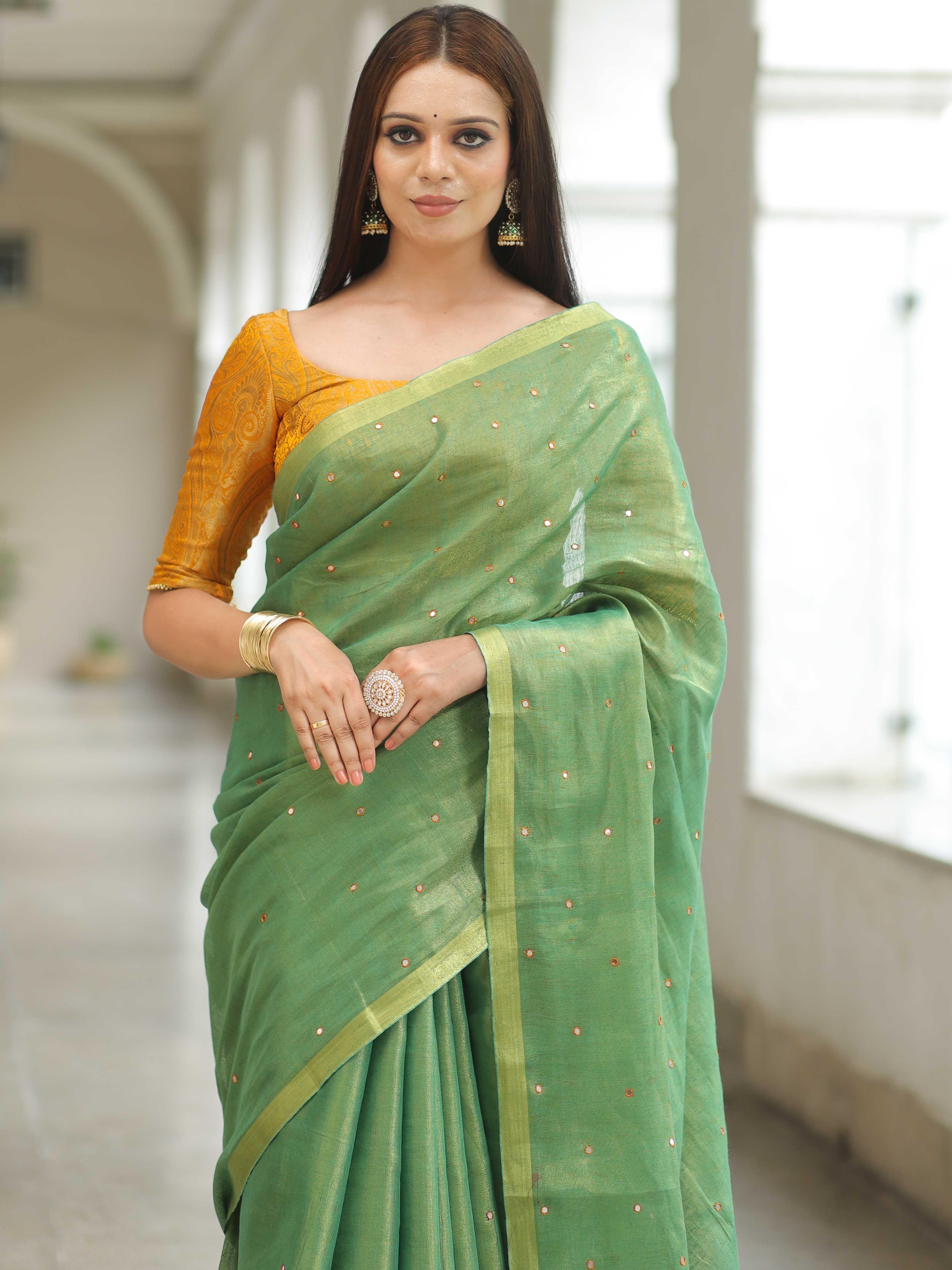 Banarasee Pure Linen By Tissue Metallic Shine Saree With Brocade Blouse-Green