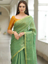 Banarasee Pure Linen By Tissue Metallic Shine Saree With Brocade Blouse-Green