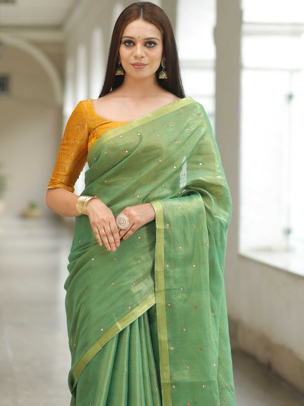 Banarasee Pure Linen By Tissue Metallic Shine Saree With Brocade Blouse-Green