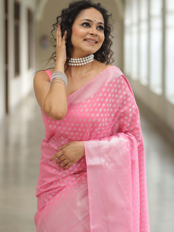 Banarasee Cotton Silk Floral Silver Zari Work Saree-Pink