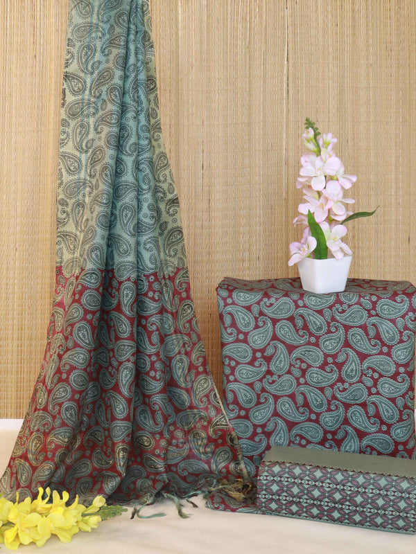 Handloom Block Printed Khadi Cotton Salwar Kameez With Dupatta Set-Mint Green & Red