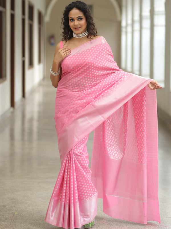 Banarasee Cotton Silk Floral Silver Zari Work Saree-Pink