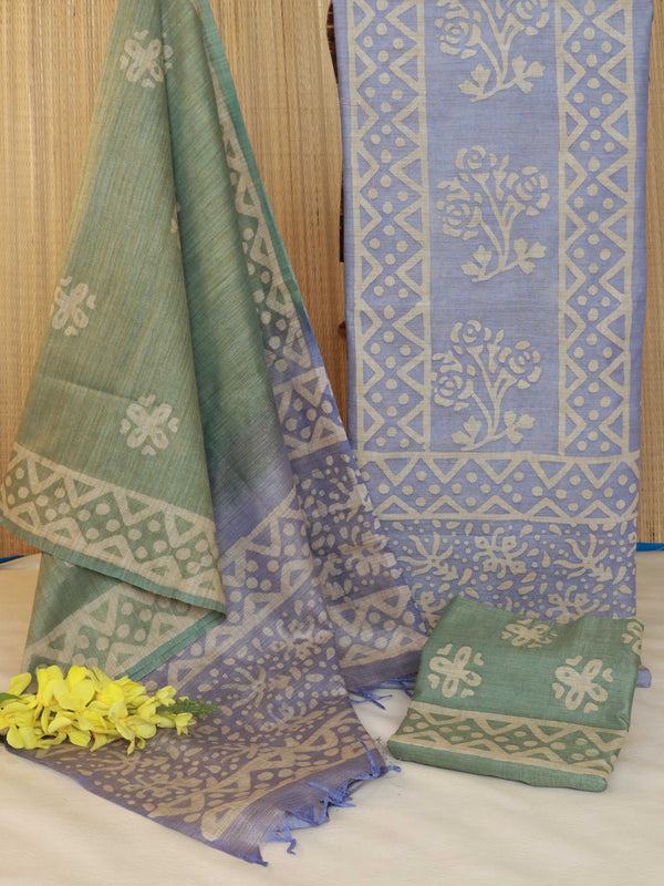 Handloom Khadi Cotton Hand-Dyed Batik Pattern Salwar Kameez Dupatta Set-Purple & Green