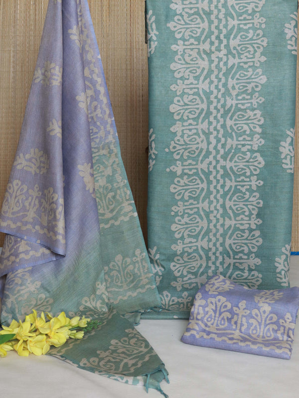 Handloom Khadi Cotton Hand-Dyed Batik Pattern Salwar Kameez Dupatta Set-Purple & Green