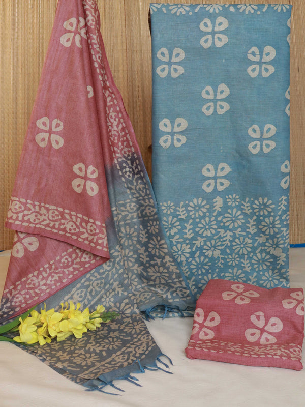 Handloom Khadi Cotton Hand-Dyed Batik Pattern Salwar Kameez Dupatta Set-Plum & Blue