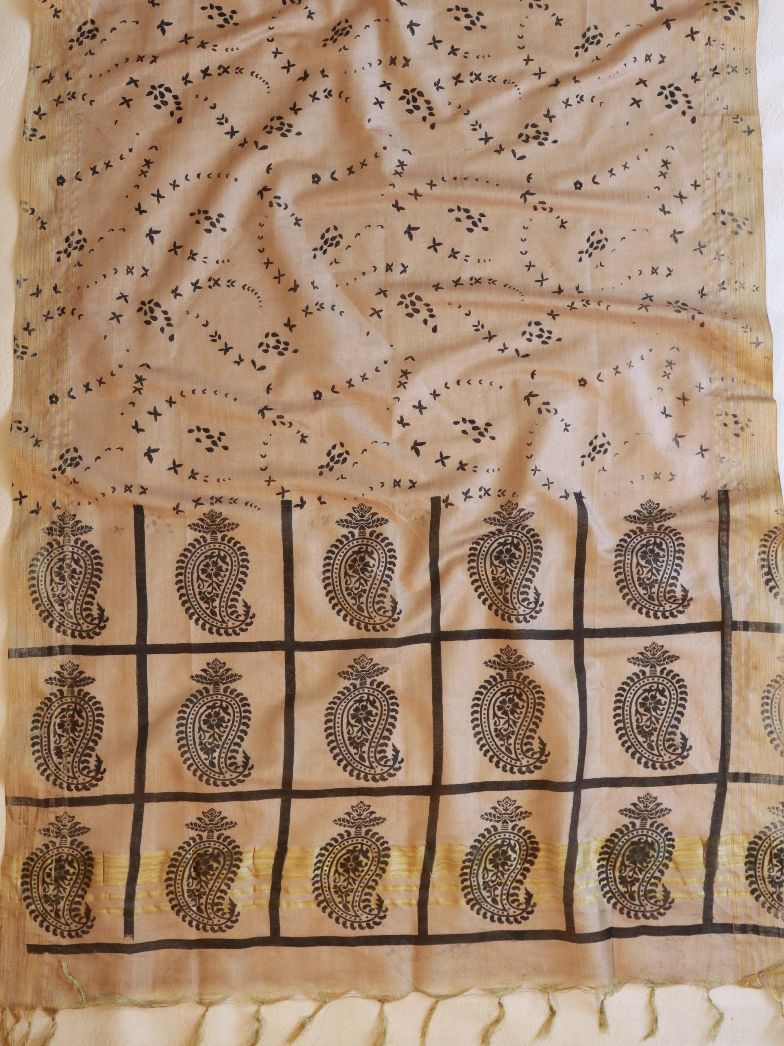 Handloom Block Printed Khadi Cotton Salwar Kameez With Dupatta Set-Beige