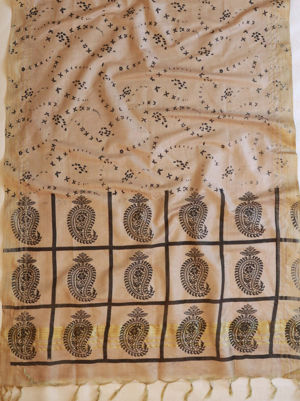 Handloom Block Printed Khadi Cotton Salwar Kameez With Dupatta Set-Beige