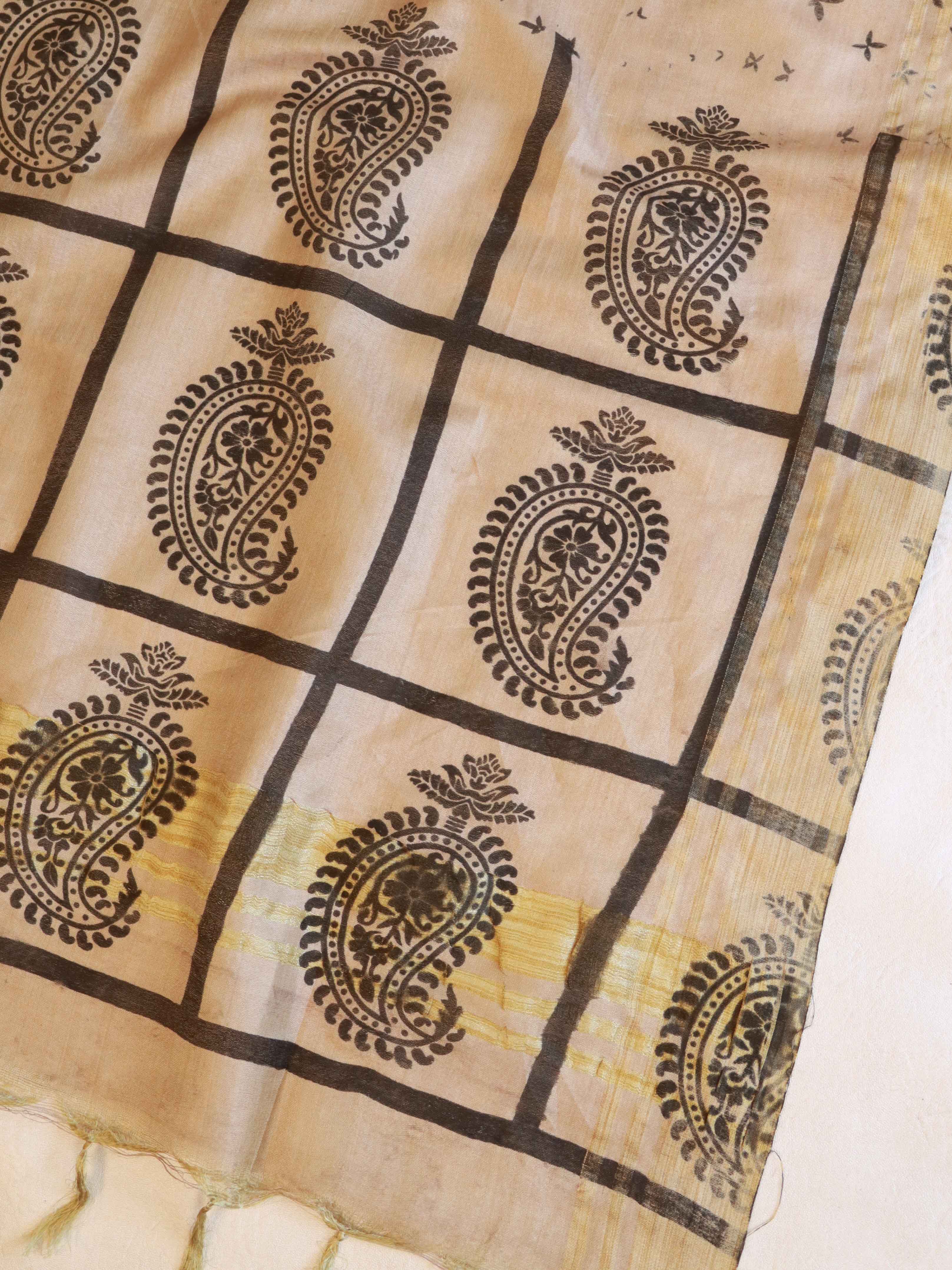 Handloom Block Printed Khadi Cotton Salwar Kameez With Dupatta Set-Beige