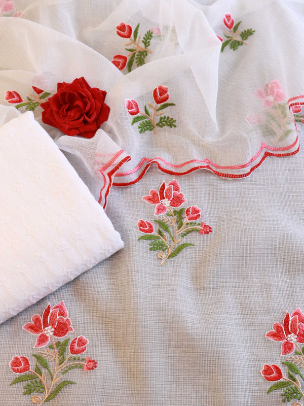 Banarasee Kota Doria Hand-Embroidered Salwar Kameez Dupatta Set-White