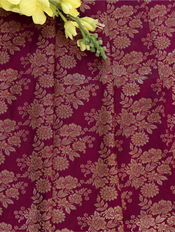 Banarasee Semi Katan Antique Zari Jaal Fabric-Maroon