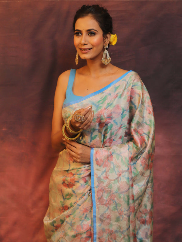 Banarasee Handwoven Tissue Saree With Zari Jaal Design & Digital Print-Silver