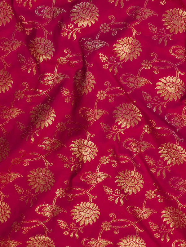 Banarasee Semi Katan Antique Zari Jaal Fabric-Red