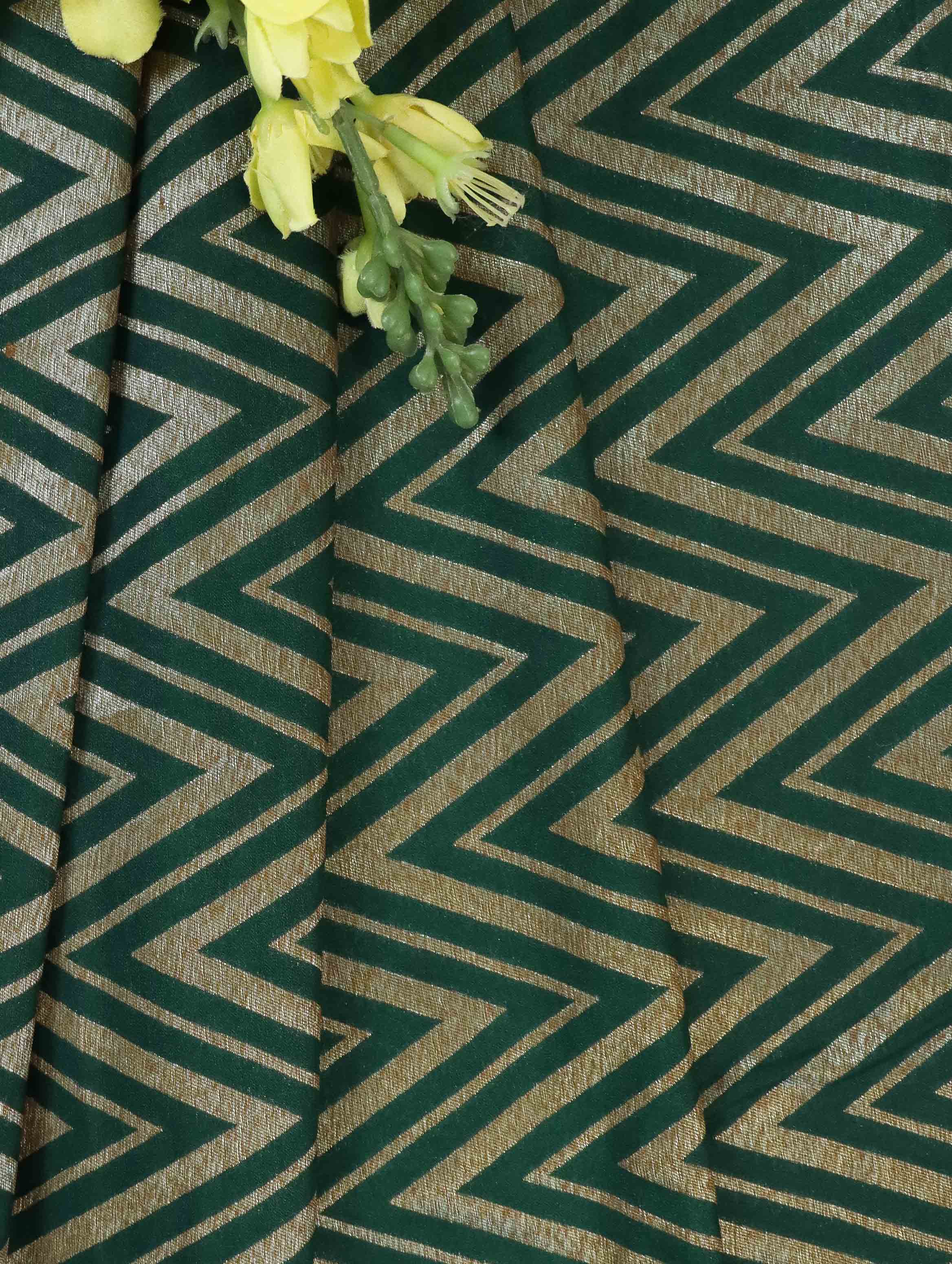 Banarasee Semi Kayam Antique Zari Zig Zag Pattern Fabric-Deep Green